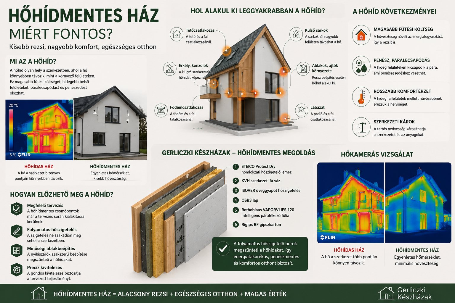 Hőhídmentes könnyűszerkezetes ház infografika a hőhidak kialakulásáról, a penészesedés megelőzéséről és az energiahatékony építési megoldásokról.