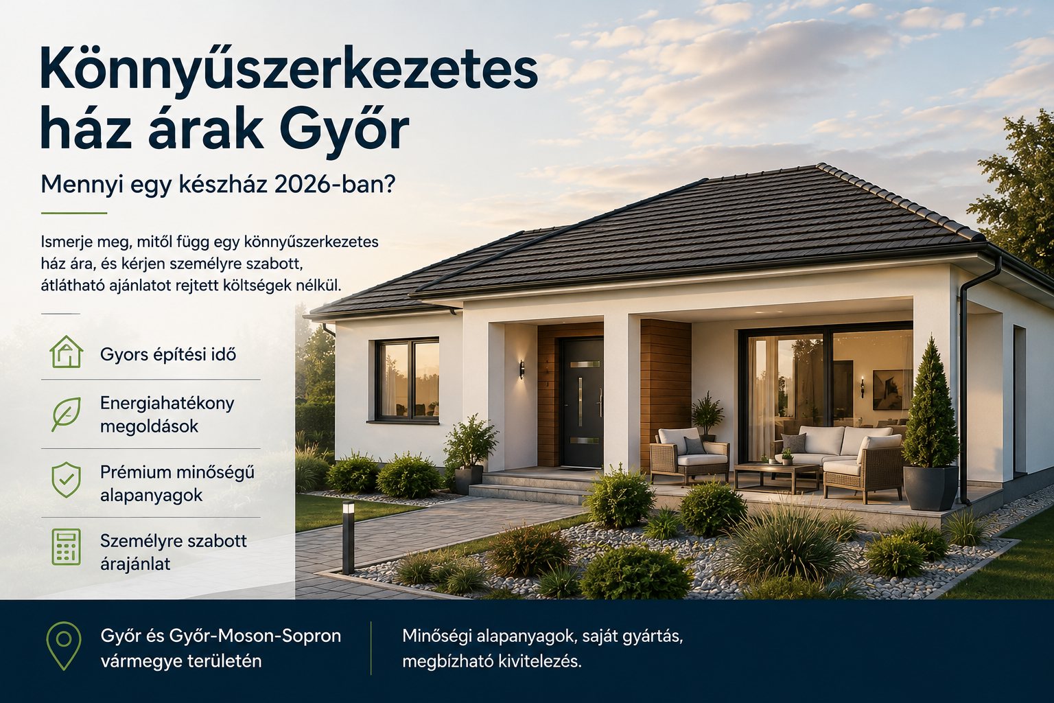 odern könnyűszerkezetes családi ház Győrben fehér homlokzattal, antracit tetővel, energiahatékony szerkezettel és rendezett kerttel – Gerliczki Készházak.